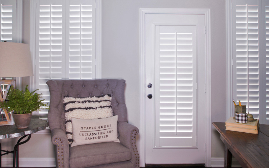 Interior shutters are beautiful and durable window treatments for glass doors in Tampa. Polywood shutters on a door