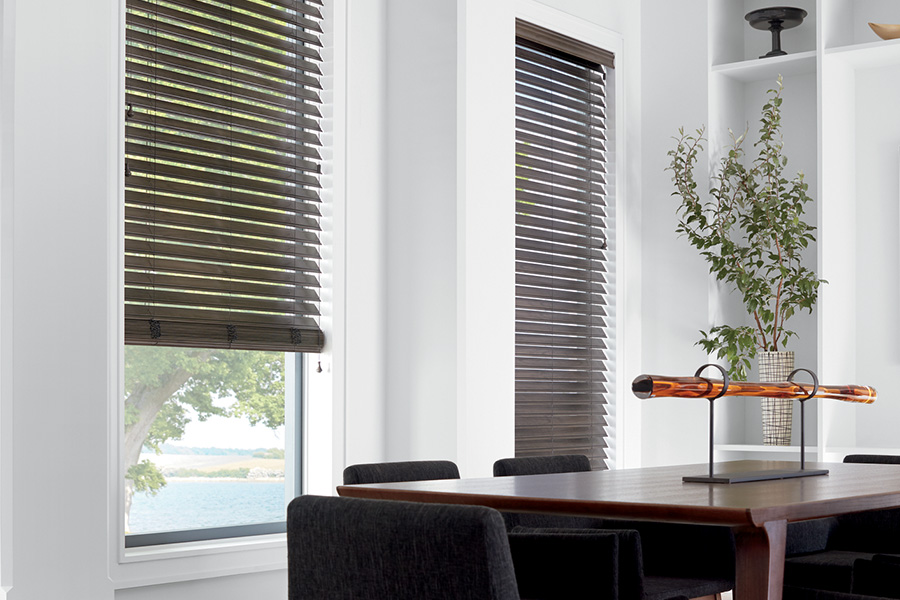 wooden blinds in a large modern living room