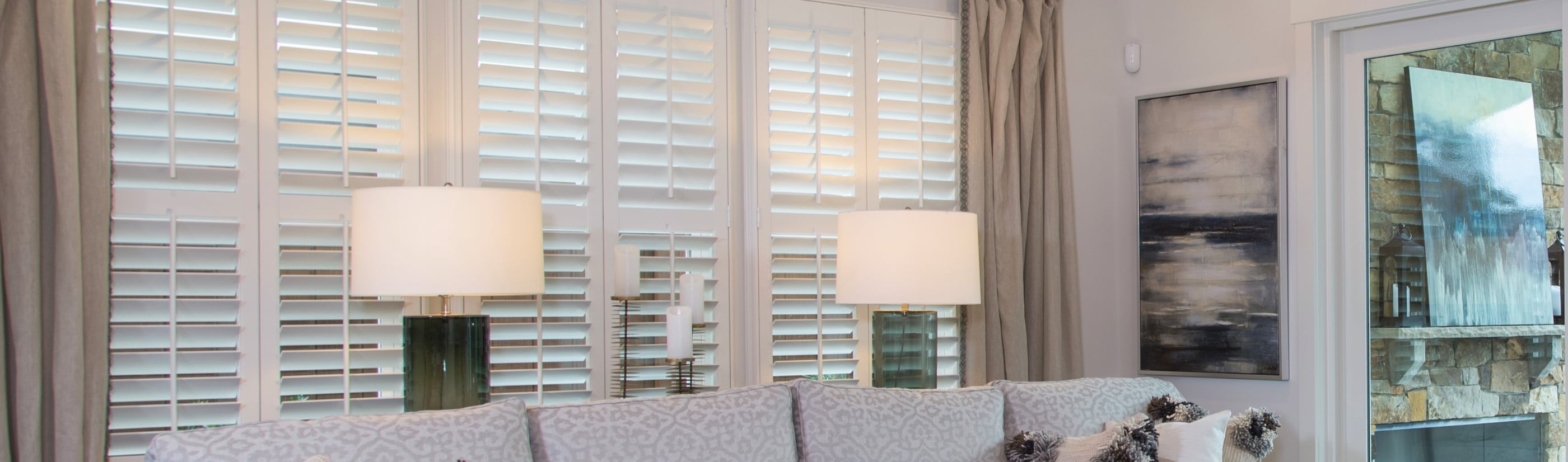 White plantation shutters in a living room