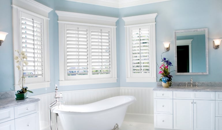 Polywood® shutters are built to last in moisture prone areas such as bathrooms. Polywood® shutters in a bathroom.
