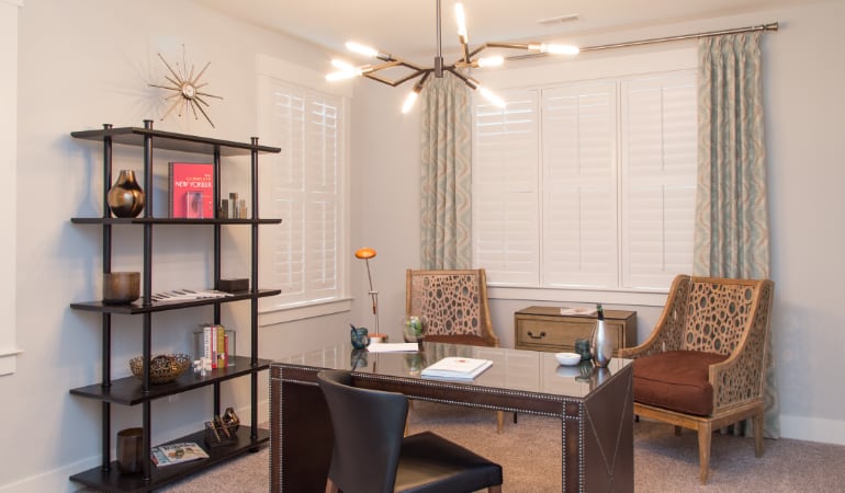 Tampa home office with plantation shutters.