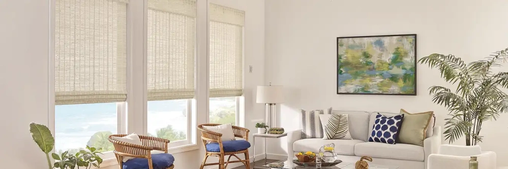 White woven fiber shades on windows in a white living room